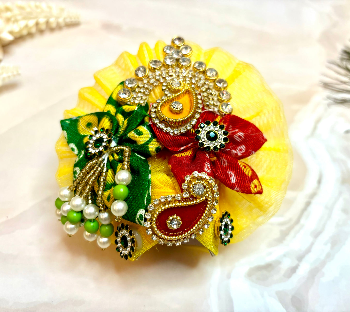 Yellow Red Bandhej Laddu Gopal Dress (4 piece set)