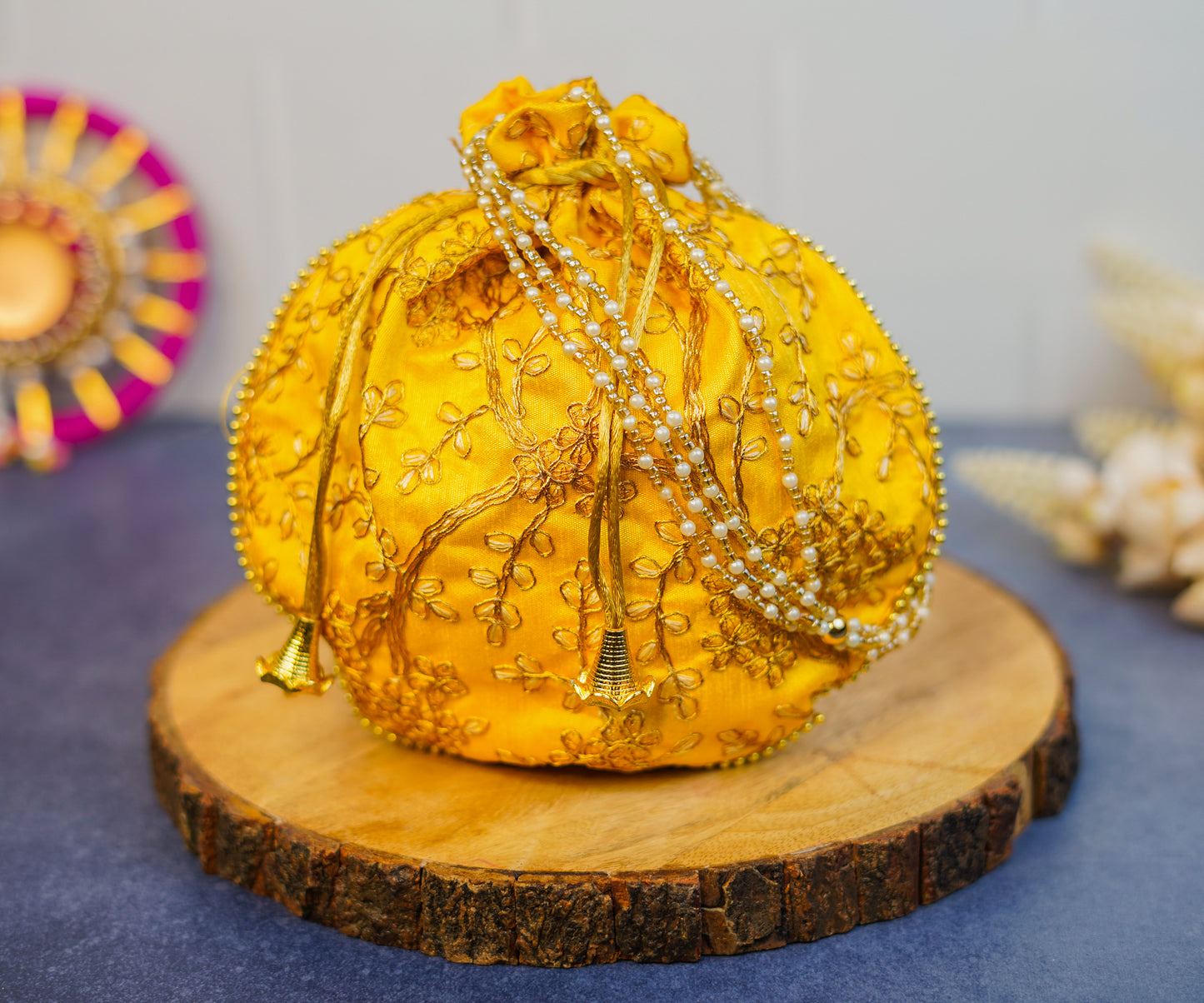 Yellow Embroidered Potli with Pearl Handle