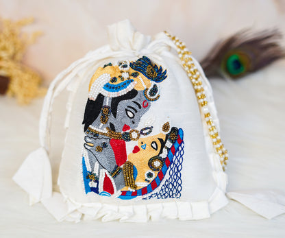 White Radhe Krishna Heavy Potli with Pearl Handle