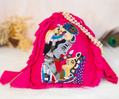 Pink Radhe Krishna Heavy Potli with Pearl Handle