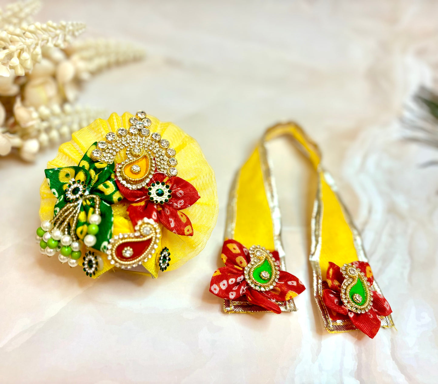 Yellow Red Bandhej Laddu Gopal Dress (4 piece set)