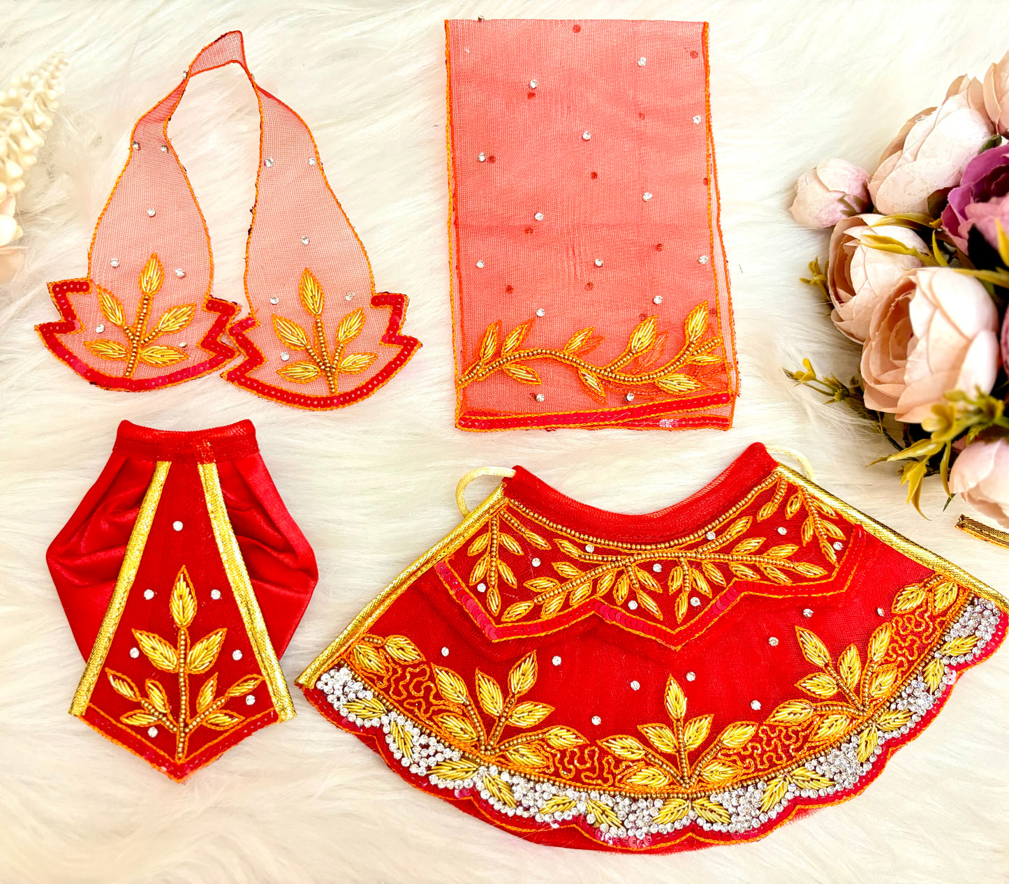 Luxe - RK  / Yugal Sarkar/  Laxmi ji & Ganesh ji Set Golden Red Leaf Lehenga & Dhoti - 6 piece set (Copy)