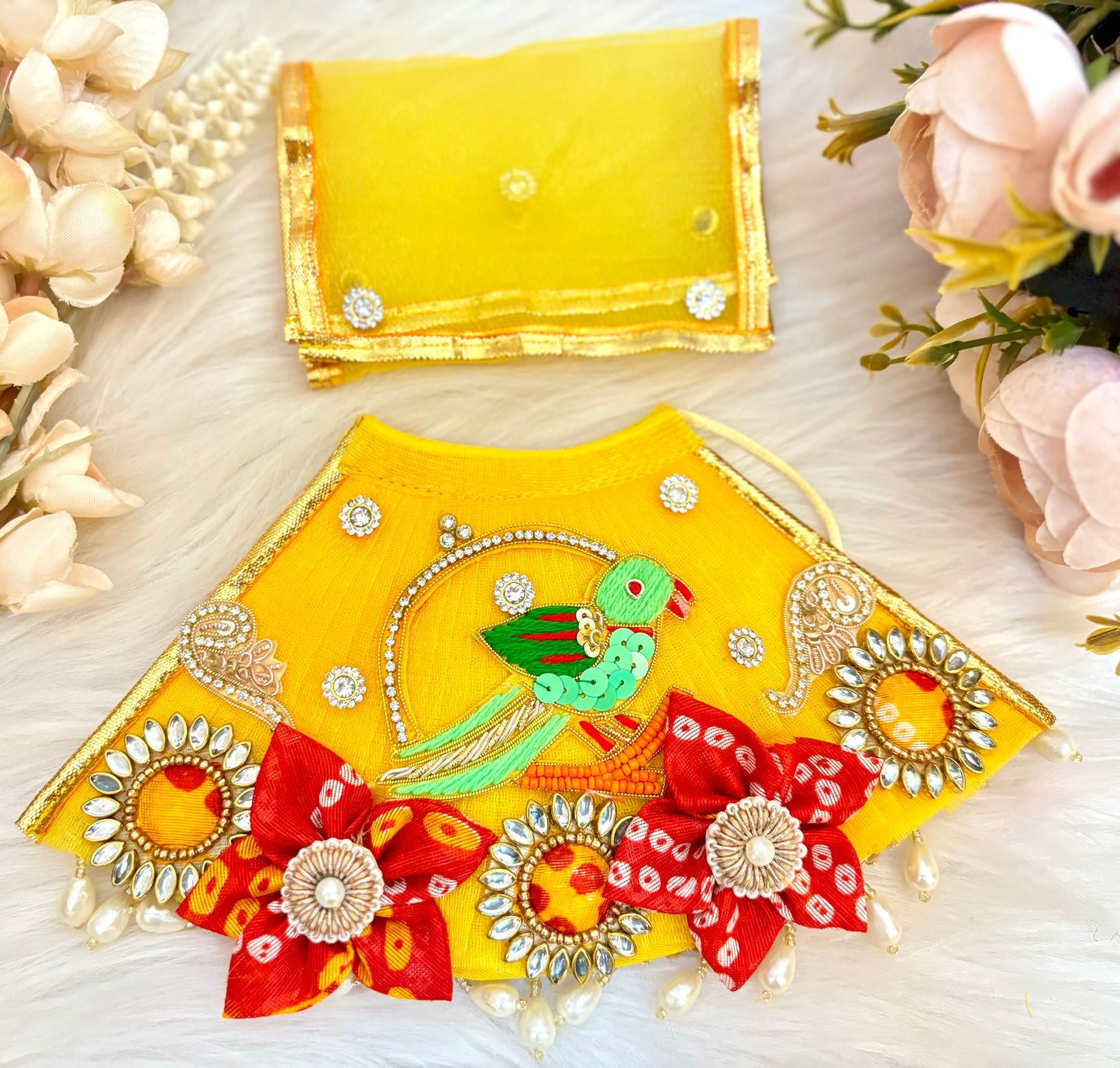 Mata Rani Yellow Parrot Lehenga, choli & Duppatta- 3 piece set