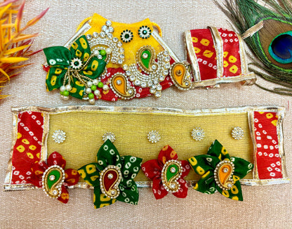 RK Set / Yugal Sarkar / Laxmi ji & Ganesh ji Set Yellow & Red Bandhej Lehenga & Dhoti - 7 piece set