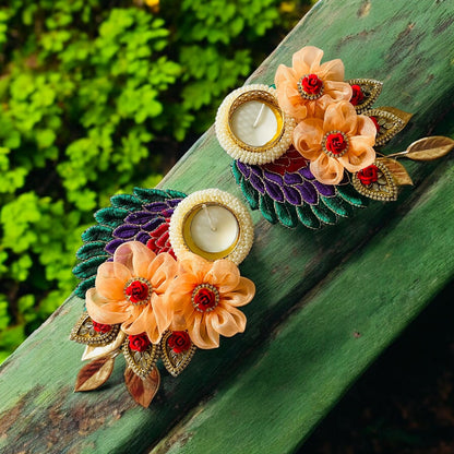 Premium Peacock Tealight Holders (Pack of 2) with 2 Free Wax Candle