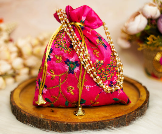 Hot Pink Embroidered Flower Potli with Pearl Handle