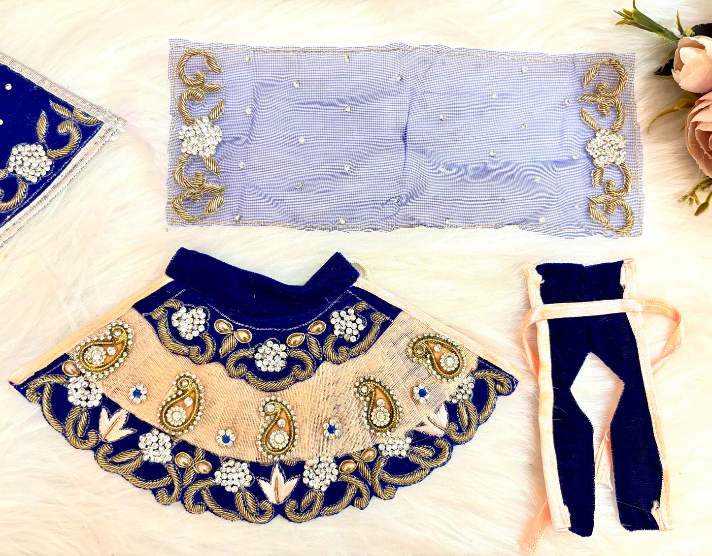 RK  / Yugal Sarkar/  Laxmi ji & Ganesh ji Set Blue & Peach Lehenga & Dhoti - 6 piece set