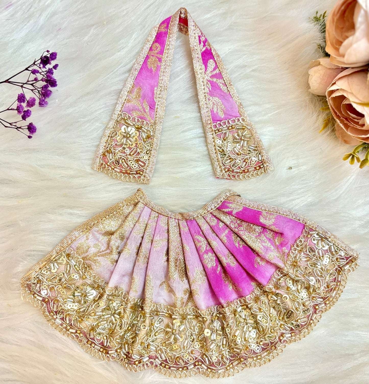 Mata Rani Lehenga & Patka ( 2 piece set) - Rose Pink CutDana Banarasi