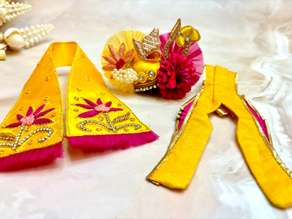 Luxe- Haathi Godha Palki - Yellow & Pink Hand embroidered Laddu Gopal Dress (4 piece set)