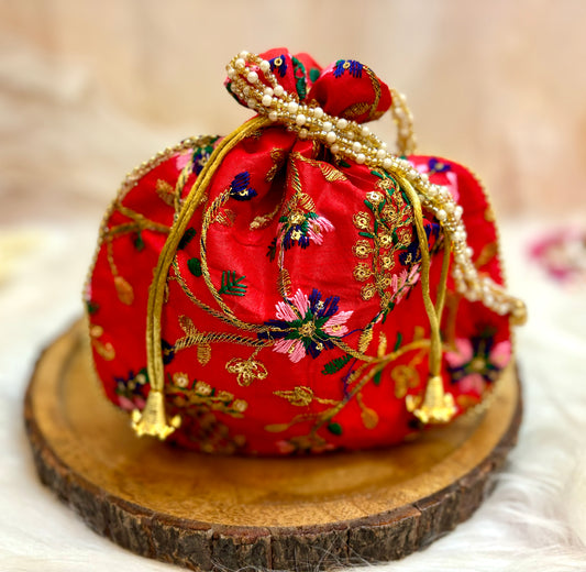 Red Flower Potli with Pearl Handle