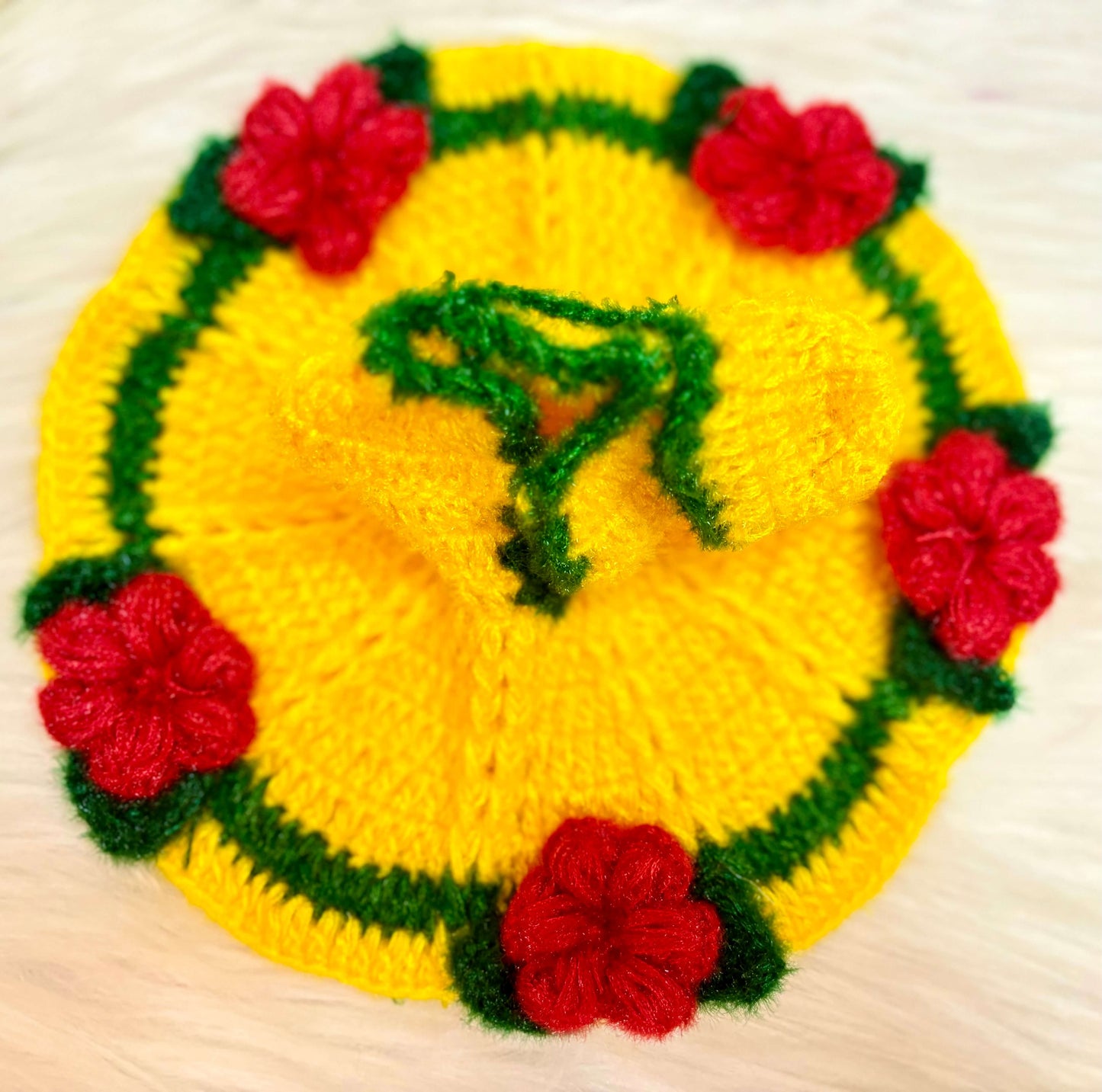 Yellow Green with Red Flower Woollen Laddu Gopal Dress with Woollen Cap