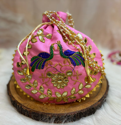 Pink Peacock Potli with Pearl Handle