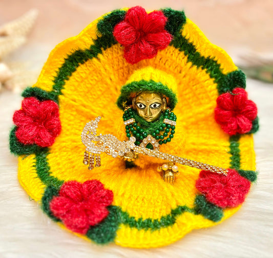 Yellow Green with Red Flower Woollen Laddu Gopal Dress with Woollen Cap (3 piece Set)