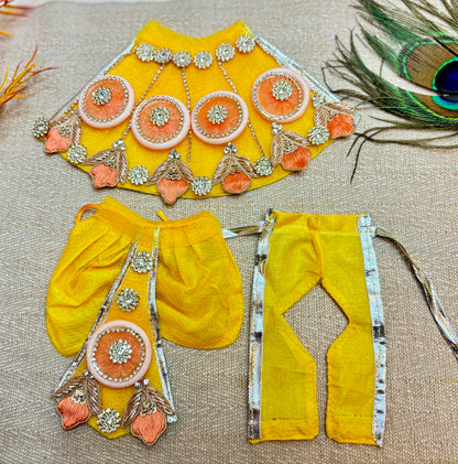 RK Set / Yugal Sarkar / Laxmi ji & Ganesh ji Set Yellow Umbrella Lehenga & Dhoti - 7piece set