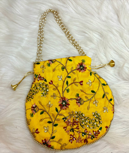 Yellow Flower Potli with Pearl Handle