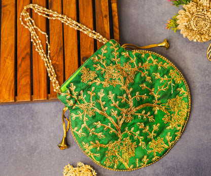 Dark Green Embroidered Potli with Pearl Handle