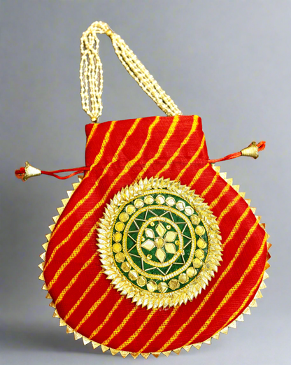 Red Kota Doriya Potli with Pearl Handle