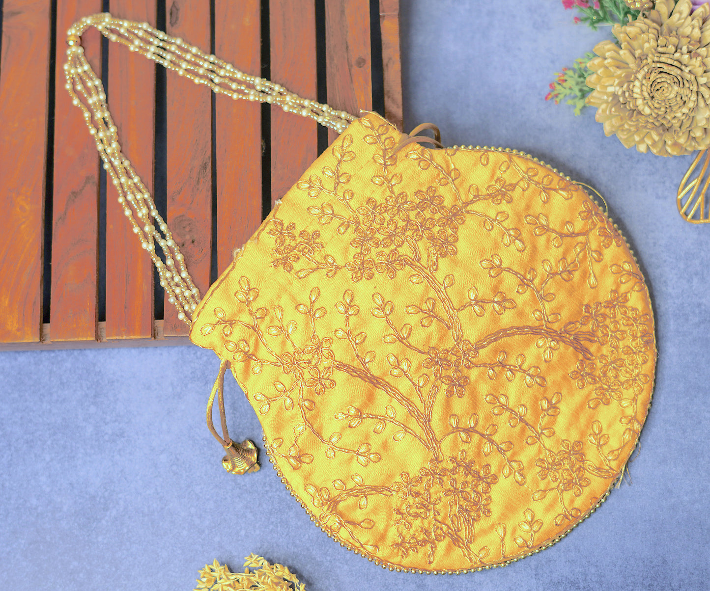 Yellow Embroidered Potli with Pearl Handle