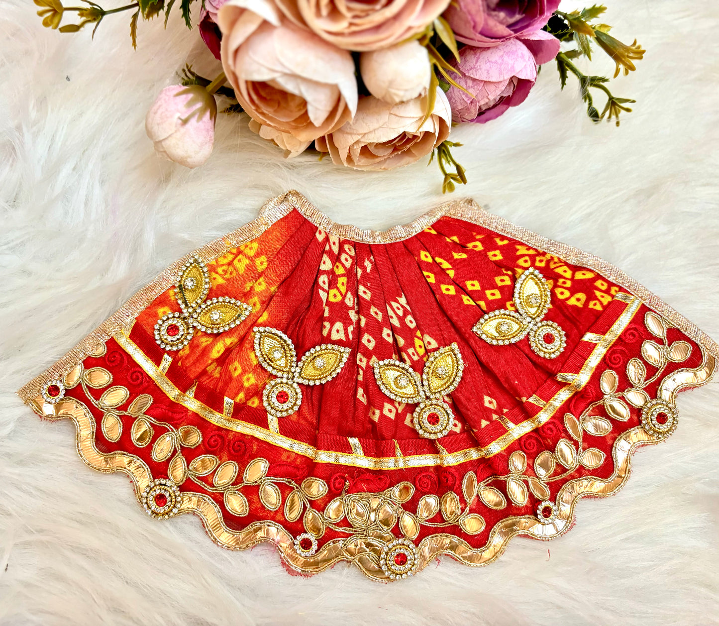 Mata Rani Lehenga & Patka ( 2 piece set) - Red Bandhej