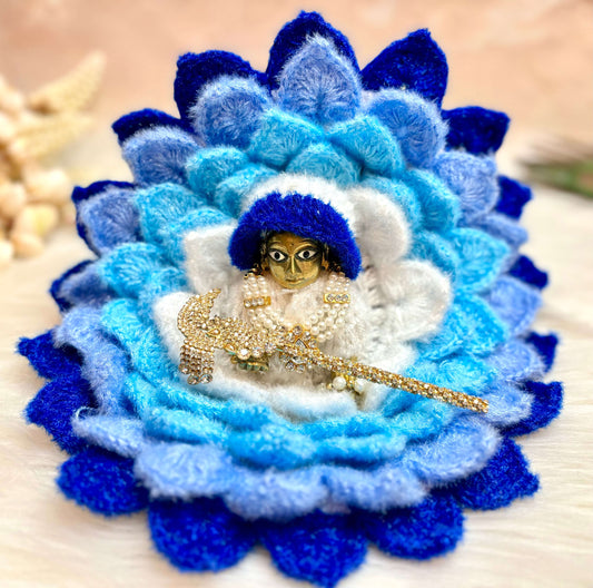 Blue with White Lotus Woollen Laddu Gopal Dress with Woollen Cap (3 piece Set)