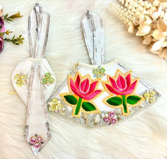 Luxe - RK  / Yugal Sarkar/  Laxmi ji & Ganesh ji Set White with Pink Lotus Lehenga & Dhoti - 6 piece set