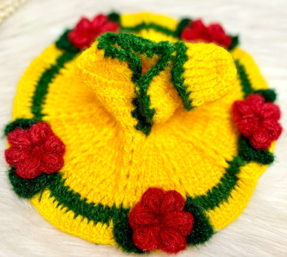 Yellow Green with Red Flower Woollen Laddu Gopal Dress with Woollen Cap