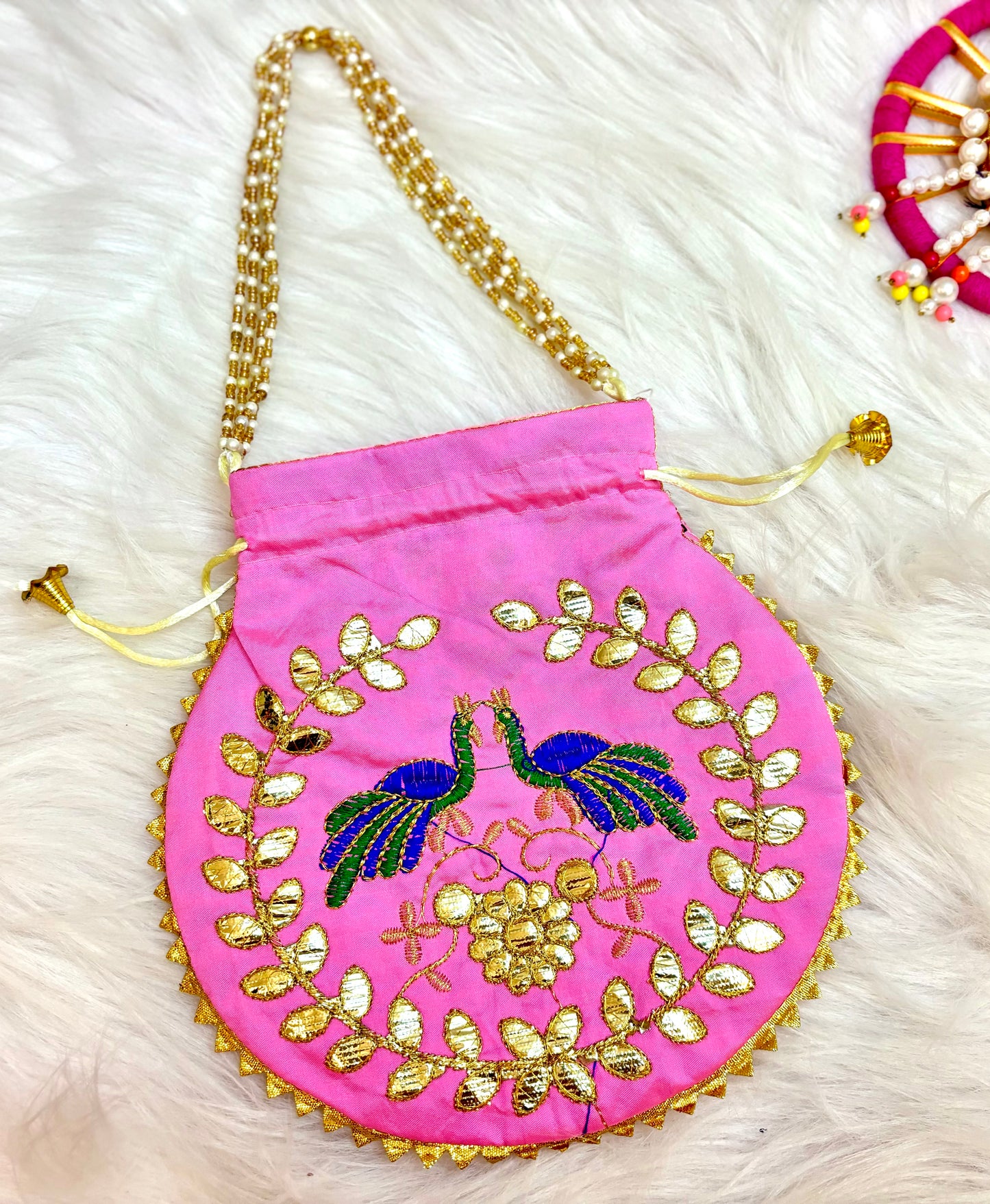 Pink Peacock Potli with Pearl Handle