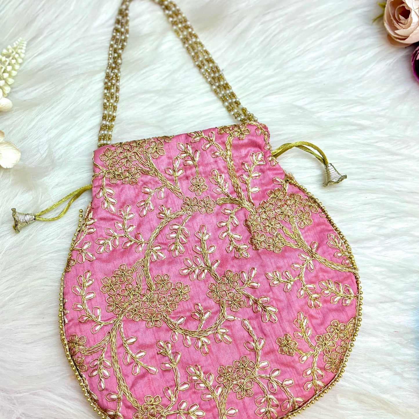 Pink Embroidered Potli with Pearl Handle