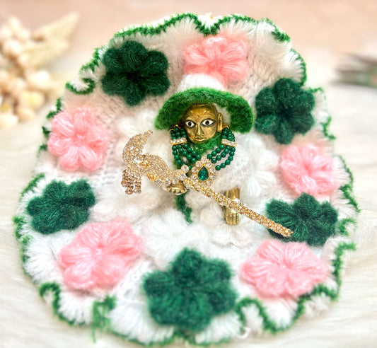 Green & Pink Flower Woollen Laddu Gopal Dress with Woollen Cap (3 piece Set)