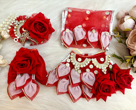 RK  / Yugal Sarkar/  Laxmi ji & Ganesh ji Set Red Rose Lehenga & Dhoti - 7 piece set