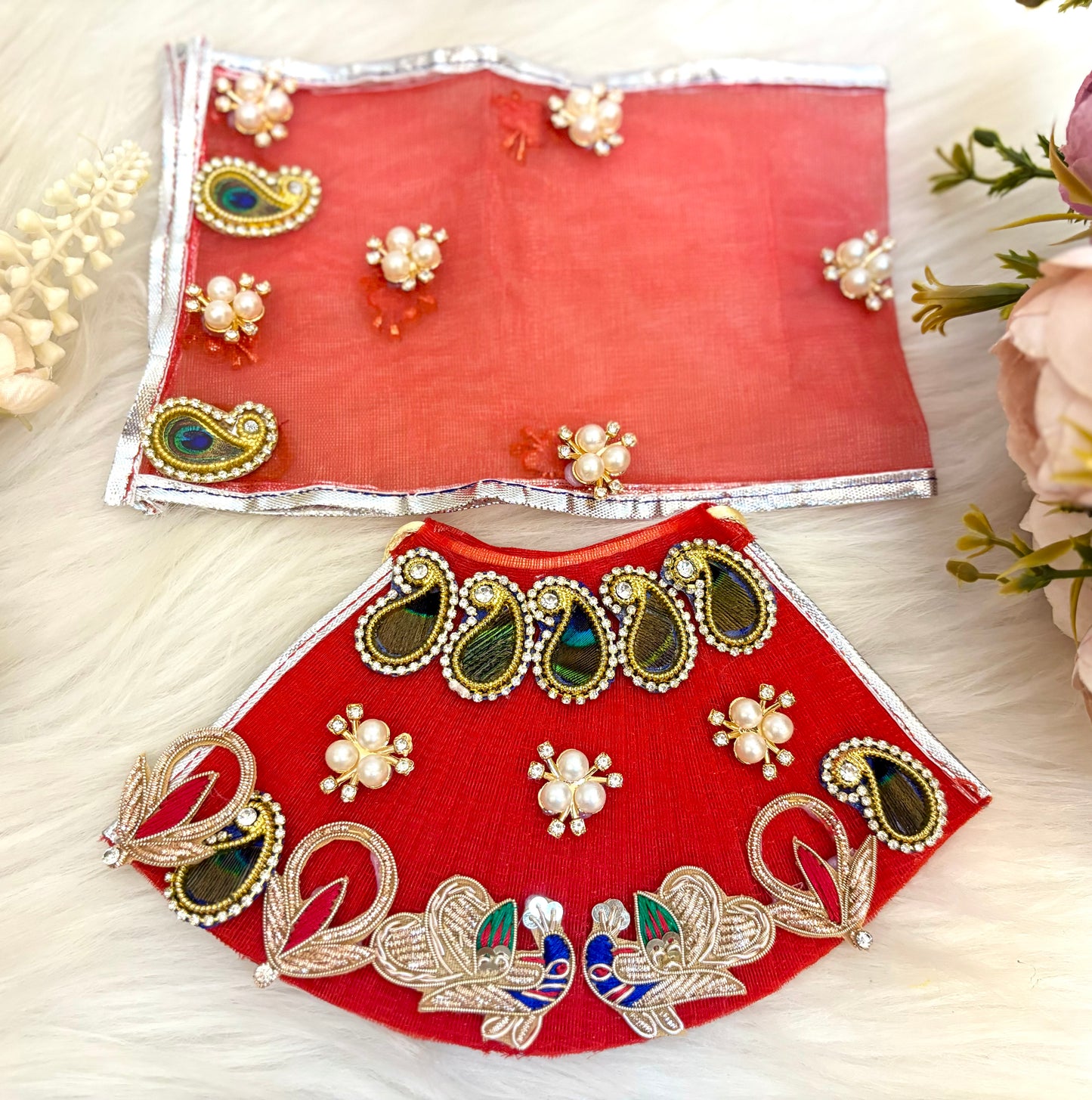 RK  / Yugal Sarkar/  Laxmi ji & Ganesh ji Set Red Peacock Lehenga & Dhoti - 7 piece set