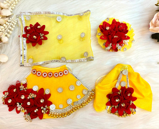 RK  / Yugal Sarkar/  Laxmi ji & Ganesh ji Set Yellow & Maroon Flower Lehenga & Dhoti - 7 piece set