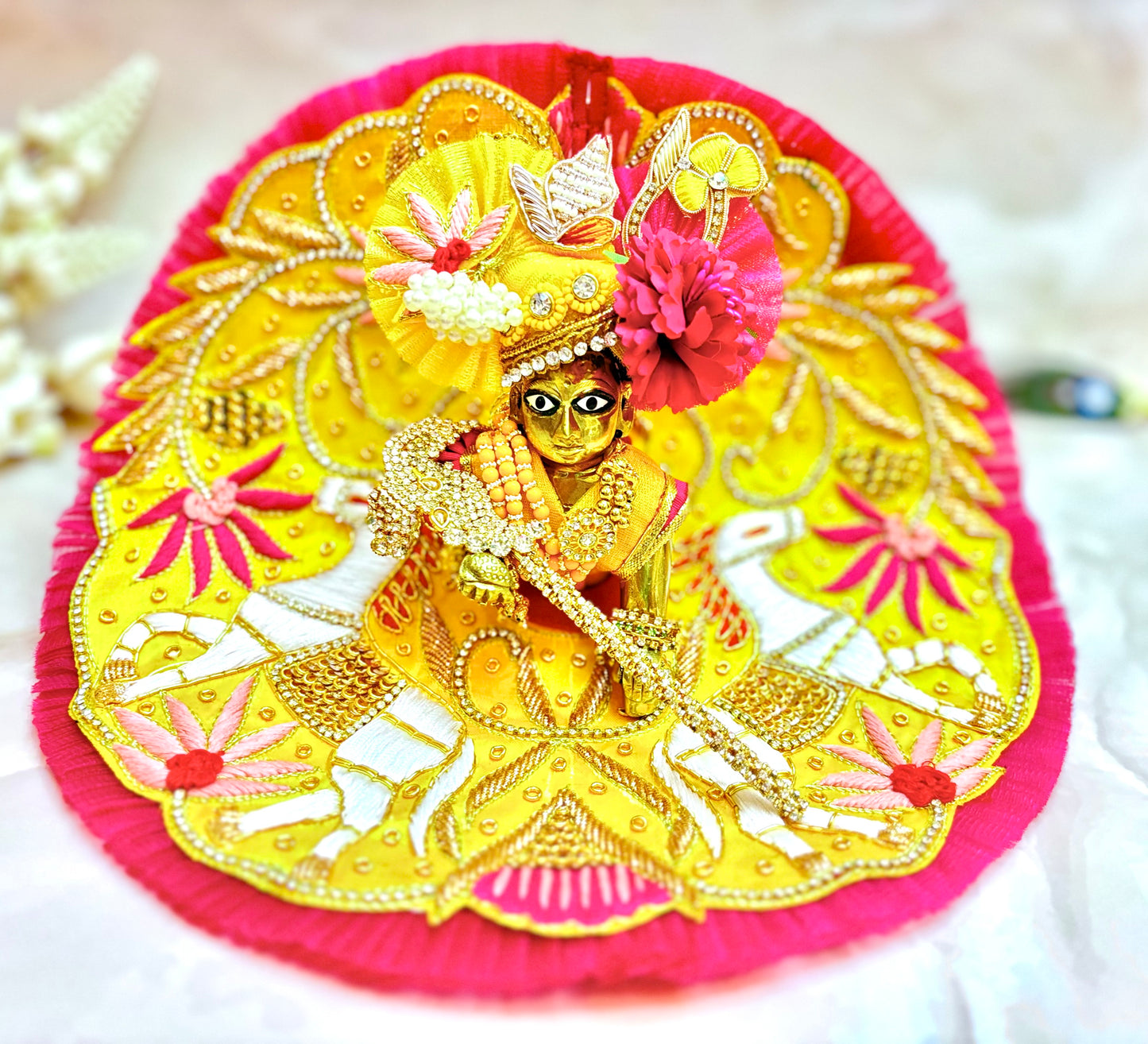 Luxe- Haathi Godha Palki - Yellow & Pink Hand embroidered Laddu Gopal Dress (4 piece set)