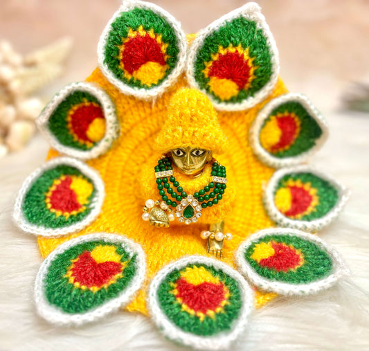 Yellow Green Leaves Woollen Laddu Gopal Dress with Woollen Cap (3 piece Set)