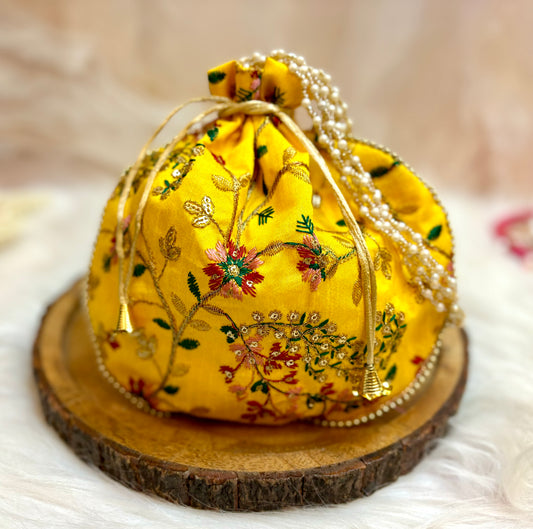 Yellow Flower Potli with Pearl Handle