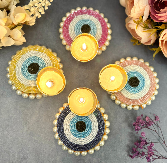 Evil Eye Pearl Tealight Holders (Pack of 5) Multi-Color with 5 Free Wax candle