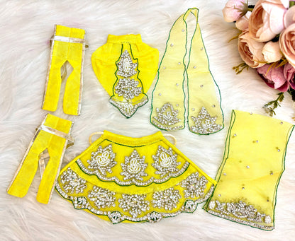 RK  / Yugal Sarkar/  Laxmi ji & Ganesh ji Set Lemon Yellow Lehenga & Dhoti - 6 piece set