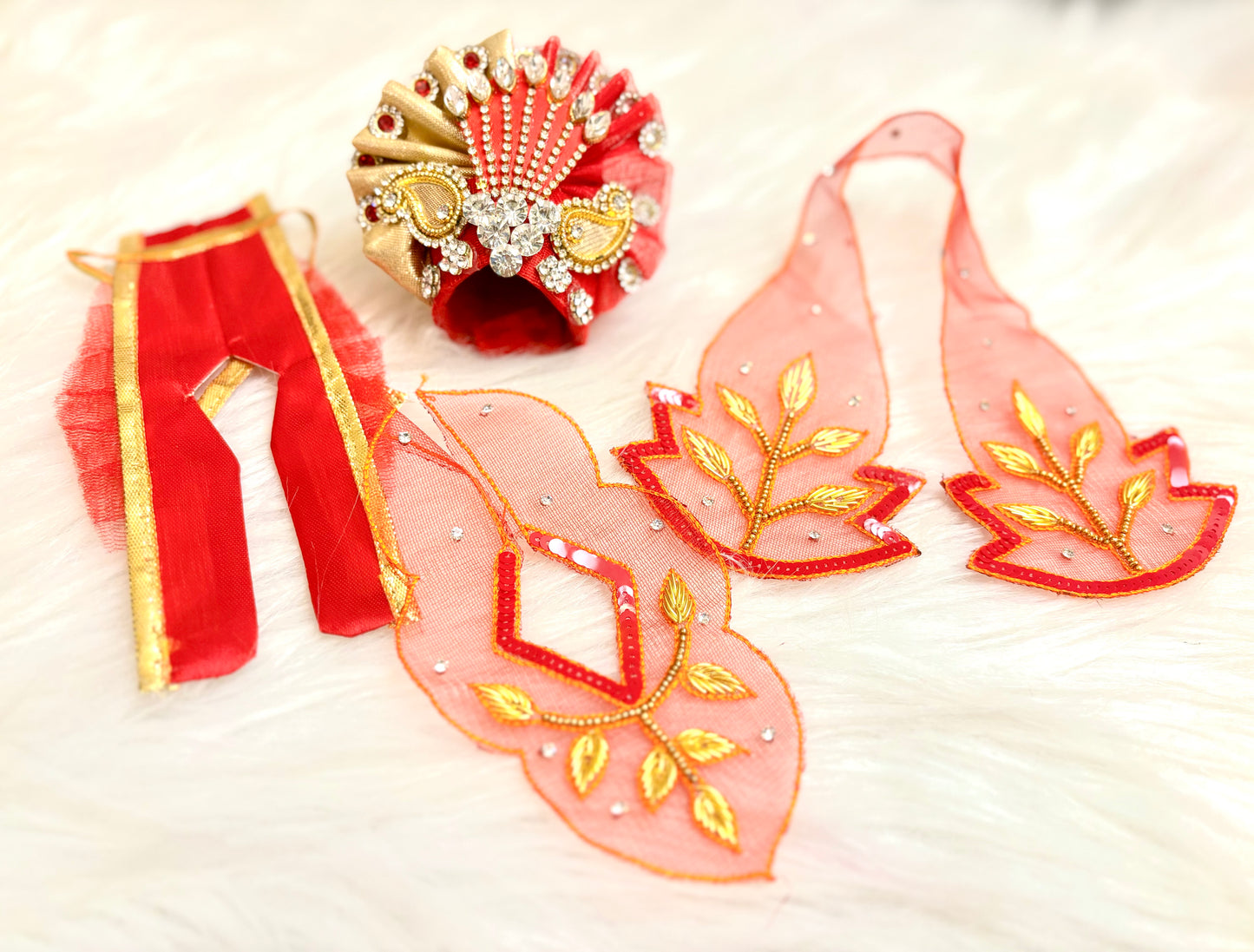 Luxe - Golden Red Leaf Hand Embroidered Laddu Gopal Dress (5 piece set)