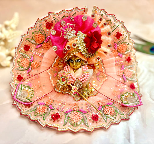 Luxe - Peach Lotus Hand Embroidered Laddu Gopal Dress (4 piece set)