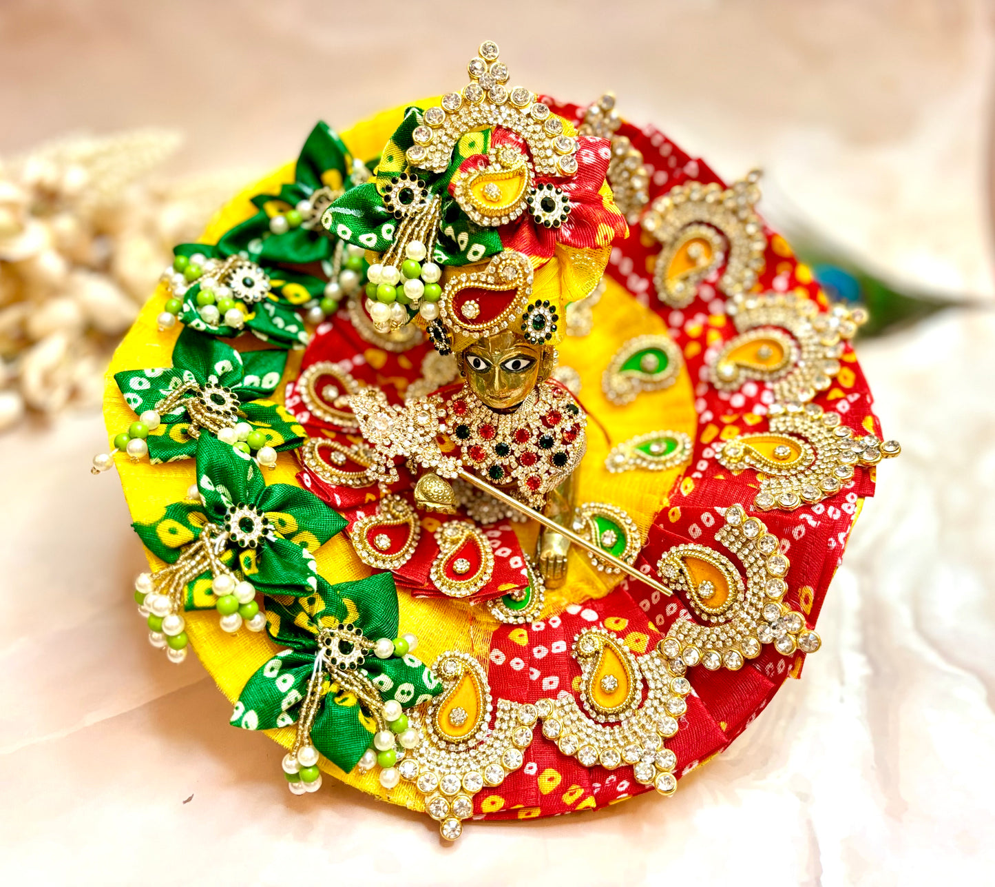 Yellow Red Bandhej Laddu Gopal Dress (4 piece set)