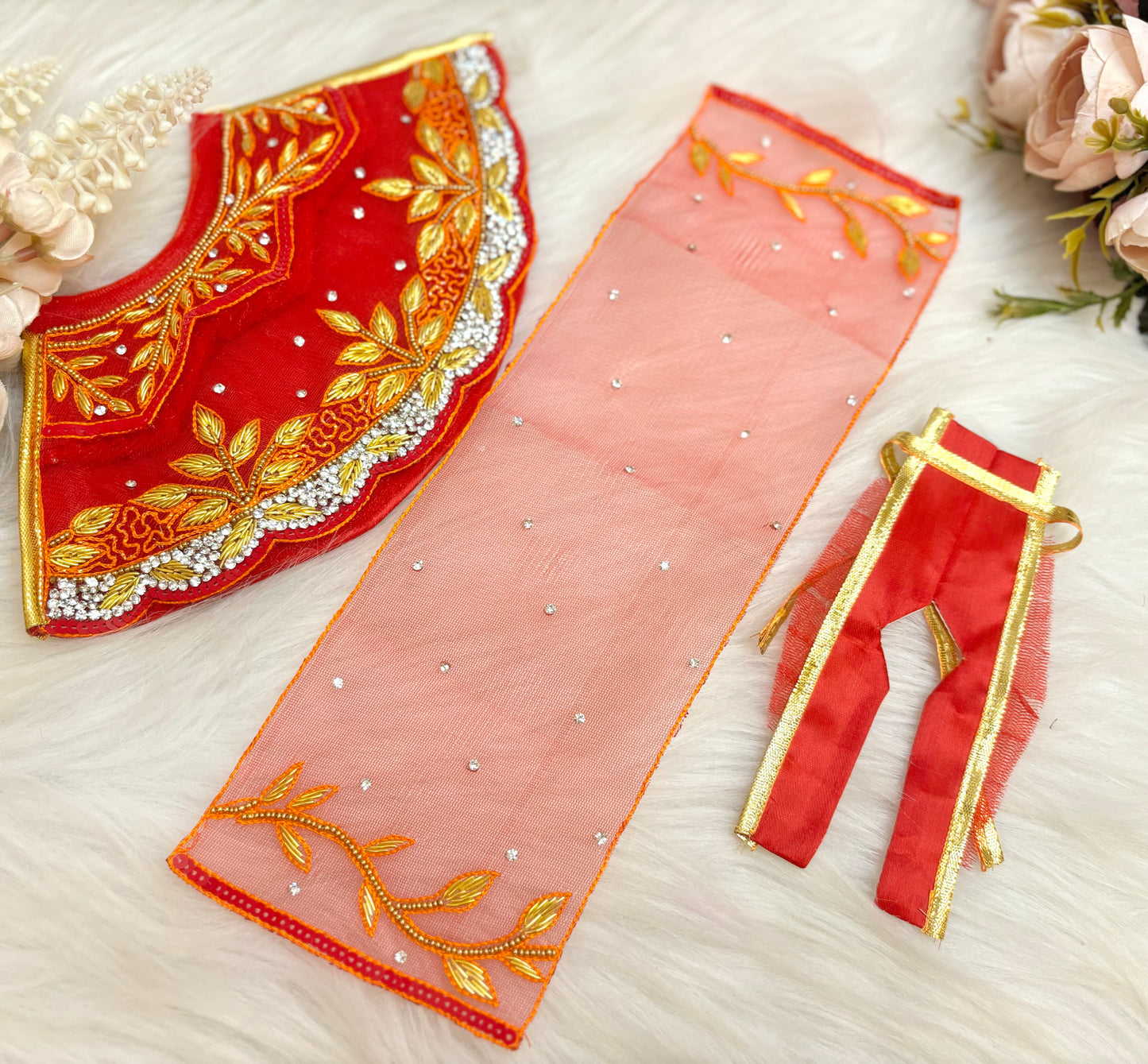 Luxe - RK  / Yugal Sarkar/  Laxmi ji & Ganesh ji Set Golden Red Leaf Lehenga & Dhoti - 6 piece set (Copy)