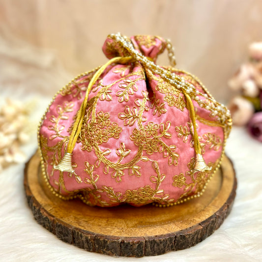 Pink Embroidered Potli with Pearl Handle