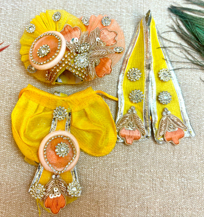 RK Set / Yugal Sarkar / Laxmi ji & Ganesh ji Set Yellow Umbrella Lehenga & Dhoti - 7piece set