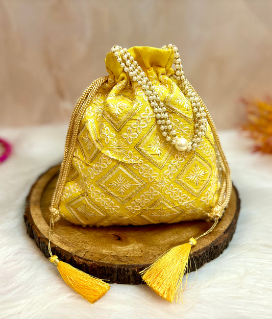 Yellow Lucknowi Potli with Pearl Handle