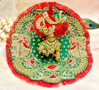 Luxe- Haathi Godha Palki - Green & Red Hand embroidered Laddu Gopal Dress (4 piece set)