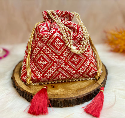 Red Lucknowi Potli with Pearl Handle