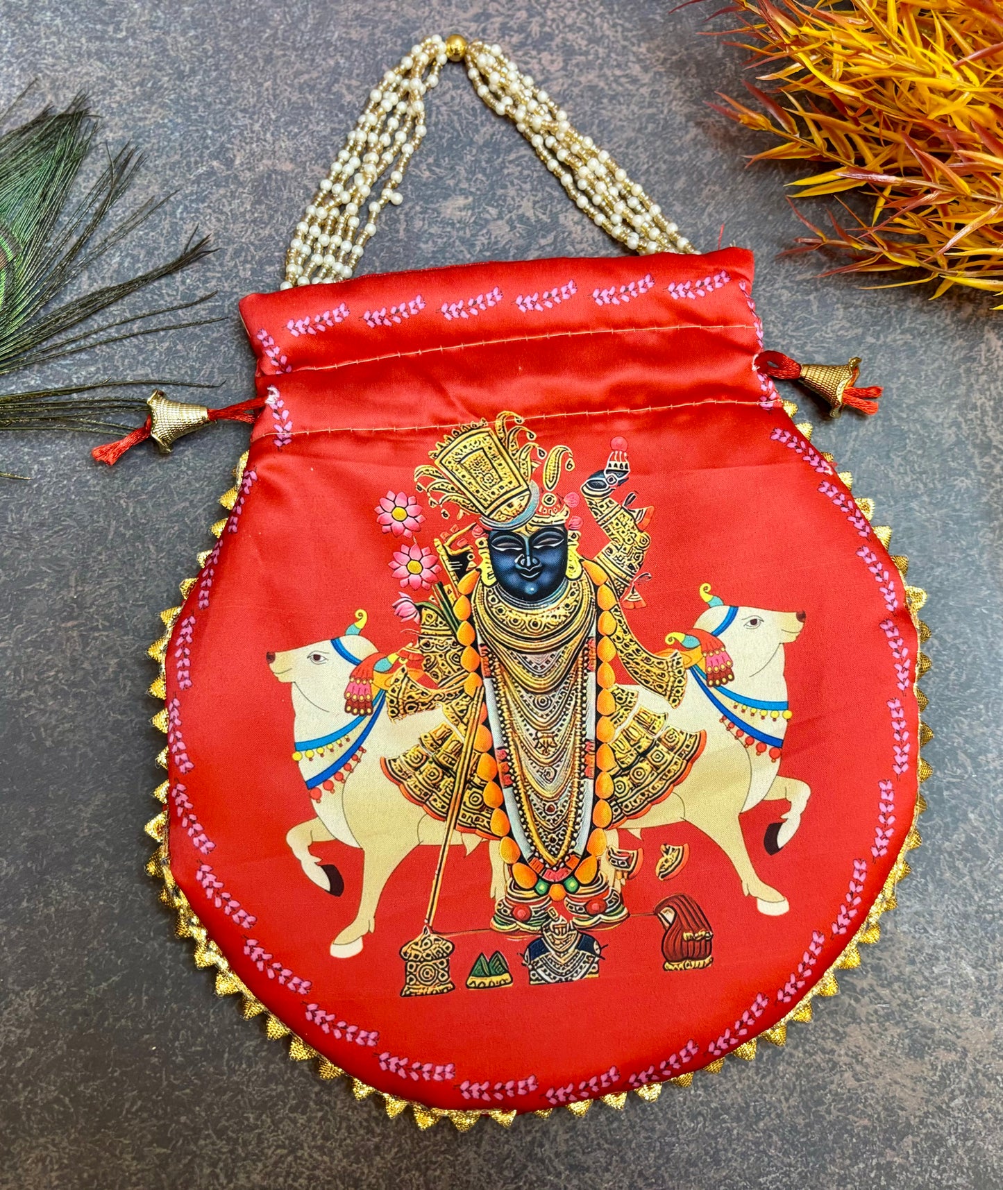 Red Premium Cow Shreenath Ji Potli with Pearl Handle