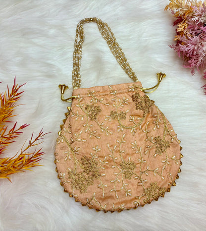 Peach Embroidered Potli with Pearl Handle