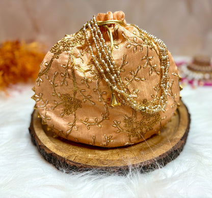 Peach Embroidered Potli with Pearl Handle