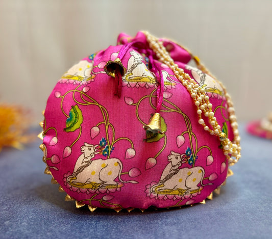 Pink Pichwai Potli with Pearl Handle